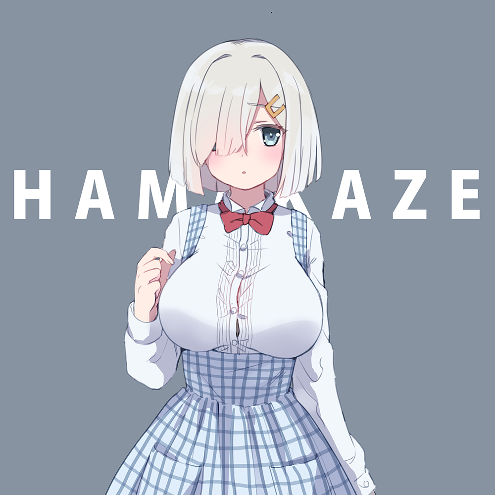 1girl alternate_costume blue_dress blue_eyes bow bowtie character_name cowboy_shot dress emia_wang grey_background hair_ornament hair_over_one_eye hairclip hamakaze_(kantai_collection) kantai_collection koubeya_uniform long_sleeves looking_at_viewer plaid plaid_dress red_neckwear shirt short_hair silver_hair simple_background solo suspenders white_shirt
