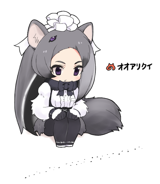 1girl :| animal_ears ant anteater_ears anteater_tail black_bow black_gloves black_legwear bow breast_pocket center_frills character_name chibi clenched_hands closed_mouth cross-laced_clothes drooling expressionless eyebrows forehead frills full_body fur_collar giant_anteater_(kemono_friends) gloves gradient_hair grey_hair hair_ornament hair_ribbon hairpin hands_on_own_knees insect japari_symbol kemono_friends legs_together long_hair long_sleeves looking_down moru_(monaka) multicolored_hair no_nose pantyhose pocket ribbon simple_background sitting solo tail tsurime underbust violet_eyes white_background white_footwear white_hair white_ribbon