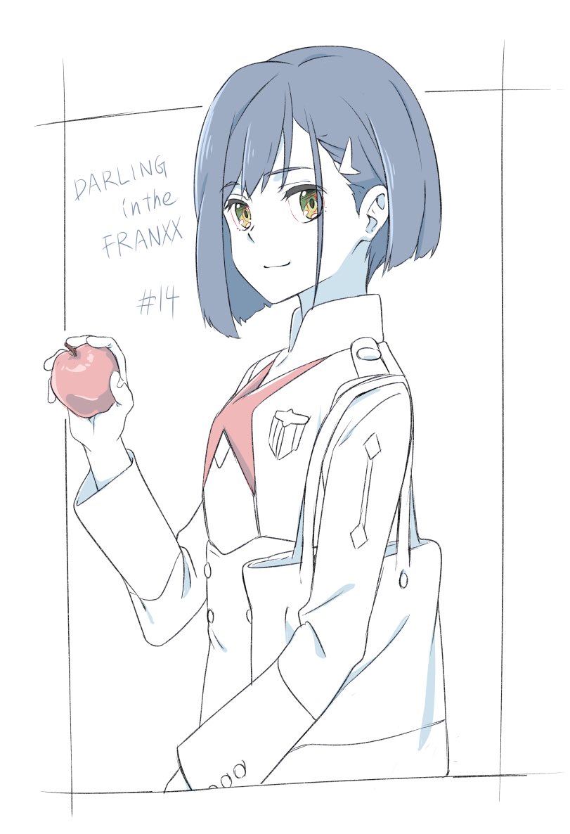 1girl apple blue_hair darling_in_the_franxx food fruit green_eyes hair_ornament hairclip holding holding_fruit ichigo_(darling_in_the_franxx) kanbe_piroshiki looking_at_viewer short_hair smile solo spot_color straight_hair uniform