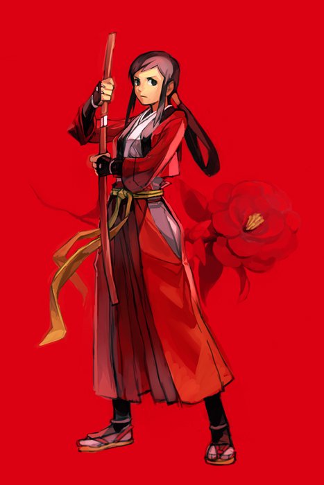 1girl belt brown_eyes brown_hair closed_mouth commentary_request copyright_request flower full_body hakama hankuri holding holding_sword holding_weapon japanese_clothes katana long_hair looking_at_viewer red_background red_flower red_hakama scabbard sheath solo sword tabi unsheathing weapon white_legwear