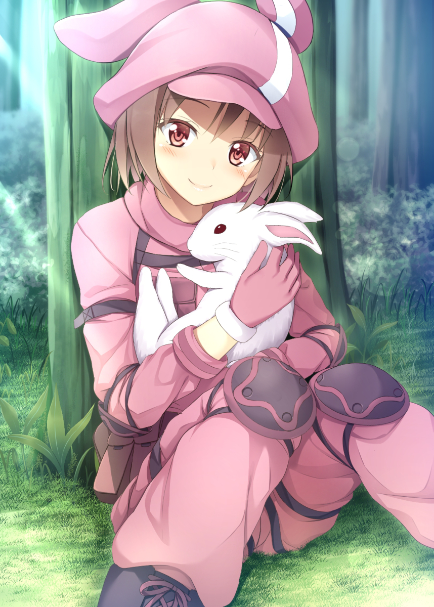 1girl aikawa_tatsuki animal animal_ears animal_hat animal_hug bangs black_footwear blush boots brown_eyes brown_hair bunny_hat cabbie_hat closed_mouth commentary_request cross-laced_footwear day eyebrows_visible_through_hair forest gloves grass hat head_tilt highres jacket lace-up_boots llenn_(sao) long_sleeves looking_at_viewer nature on_grass outdoors pants pink_gloves pink_hat pink_jacket pink_pants rabbit rabbit_ears sitting smile solo sunlight sword_art_online sword_art_online_alternative:_gun_gale_online tree