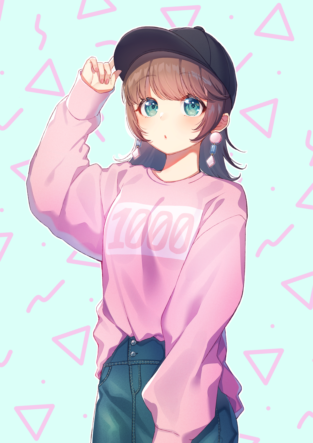 1girl :o adjusting_headwear aqua_eyes bangs baseball_cap black_hat brown_hair clothes_writing denim earrings eyebrows_visible_through_hair hat highres jeans jewelry long_hair long_sleeves moyui_(myi_005) original outline pants pink_shirt shirt solo sweatshirt white_outline