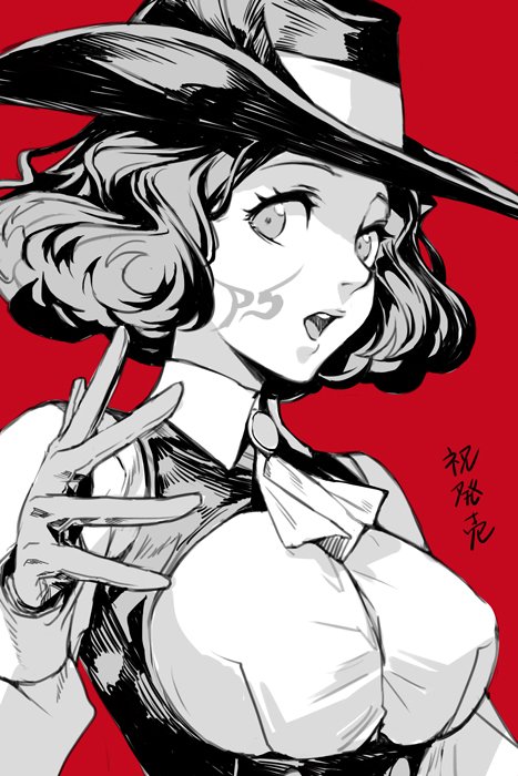 1girl ascot breasts collared_shirt commentary_request curly_hair facial_tattoo gloves greyscale hankuri hat large_breasts long_sleeves looking_at_viewer monochrome okumura_haru open_mouth persona persona_5 red_background shirt short_hair sipping solo tattoo wing_collar