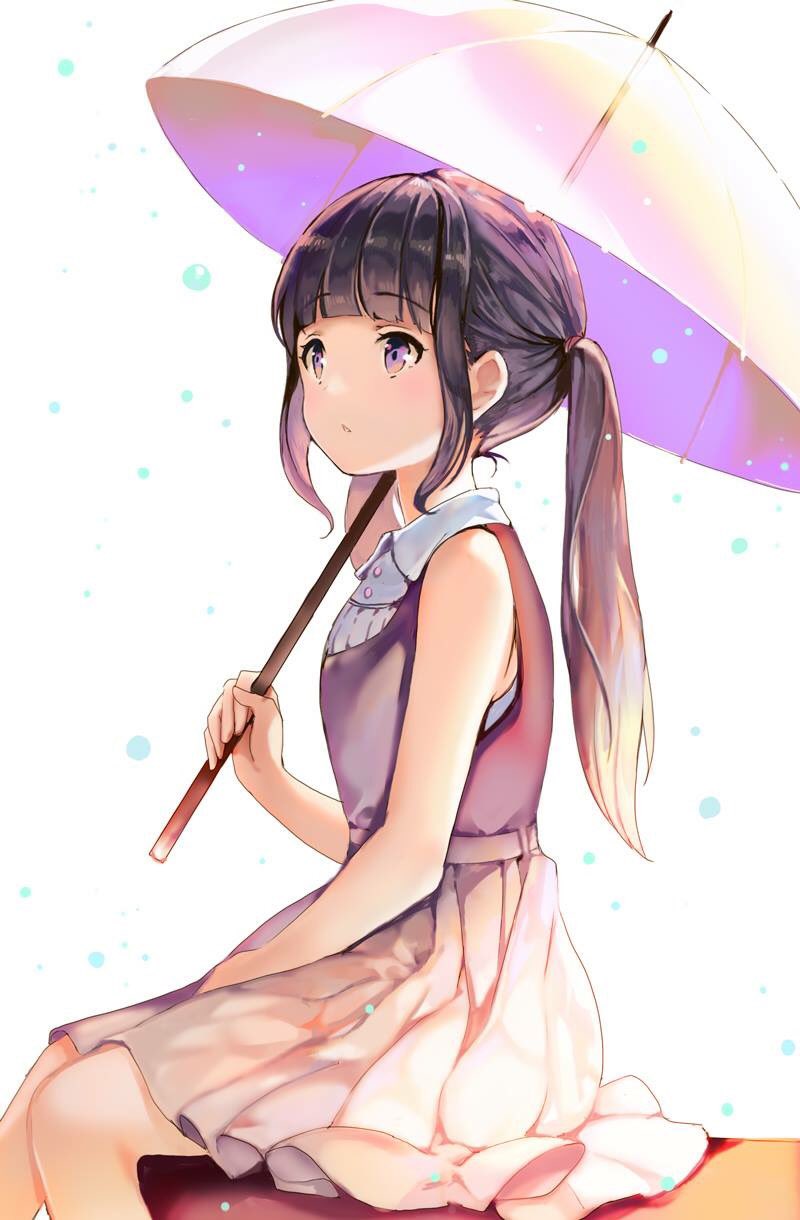 1girl bangs bare_shoulders blunt_bangs commentary_request eyebrows_visible_through_hair feet_out_of_frame grey_skirt high-waist_skirt highres holding knees_together_feet_apart long_hair looking_up original parted_lips pleated_skirt rain shirt sibyl sitting skirt solo twintails umbrella vest violet_eyes white_shirt