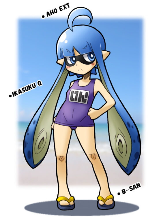 1girl ahoge bangs bare_arms bare_shoulders blue_eyes blue_hair blunt_bangs blush breasts bright_pupils contrapposto domino_mask eyebrows eyebrows_visible_through_hair frown full_body hand_on_hip inkling legs_apart long_hair mask name_tag pointy_ears purple_swimsuit rascal sandals school_swimsuit shadow short_hair_with_long_locks small_breasts solo splatoon splatoon_1 standing suction_cups swimsuit tentacle_hair v-shaped_eyebrows very_long_hair white_pupils
