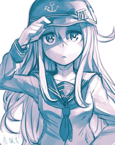 1girl closed_mouth greyscale hair_between_eyes hand_on_headwear hand_on_hip hand_up hankuri hat hat_pin hibiki_(kantai_collection) kantai_collection long_hair long_sleeves looking_at_viewer lowres monochrome neckerchief peaked_cap school_uniform serafuku solo upper_body