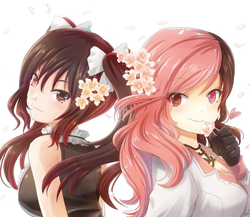 2girls back-to-back bangs bare_shoulders black_gloves breasts brown_eyes brown_hair closed_mouth commentary_request eyebrows_visible_through_hair flower gloves hair_between_eyes hair_flower hair_ornament hair_ribbon heart heterochromia holding holding_flower kaogei_moai looking_at_viewer medium_breasts moai_(moai_world) multicolored_hair multiple_girls neo_(rwby) pink_eyes pink_hair ribbon rwby sleeveless smile two-tone_hair upper_body white_background white_ribbon