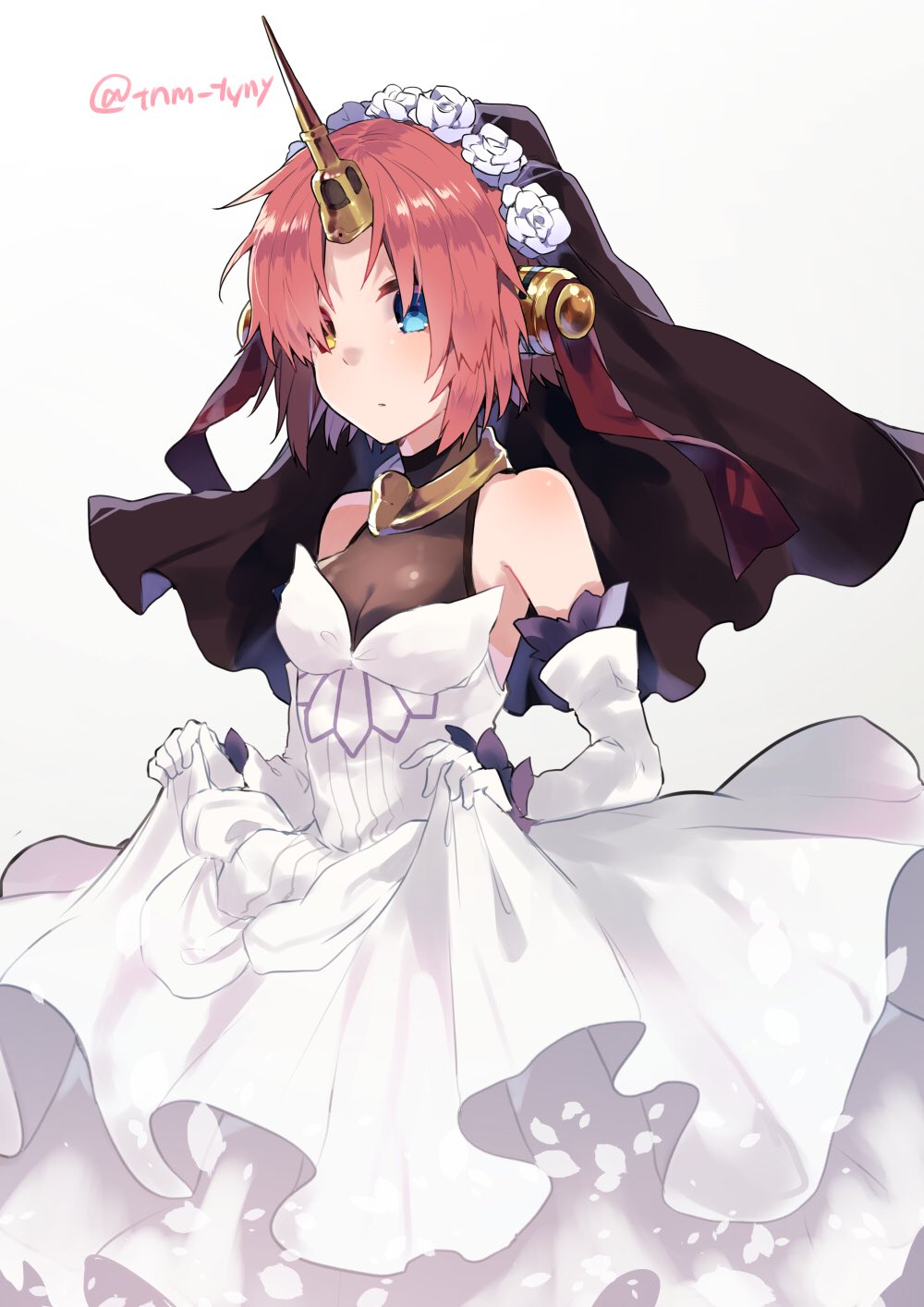 1girl bangs blue_eyes blush breasts cleavage closed_mouth commentary_request dress fate/apocrypha fate_(series) flower frankenstein's_monster_(fate) gloves hair_flower hair_ornament hair_over_eyes headgear heterochromia highres horn ikeuchi_tanuma long_dress looking_at_viewer medium_breasts parted_bangs redhead rose short_hair skirt_hold solo standing twitter_username veil wedding_dress white_dress white_flower white_gloves white_rose yellow_eyes