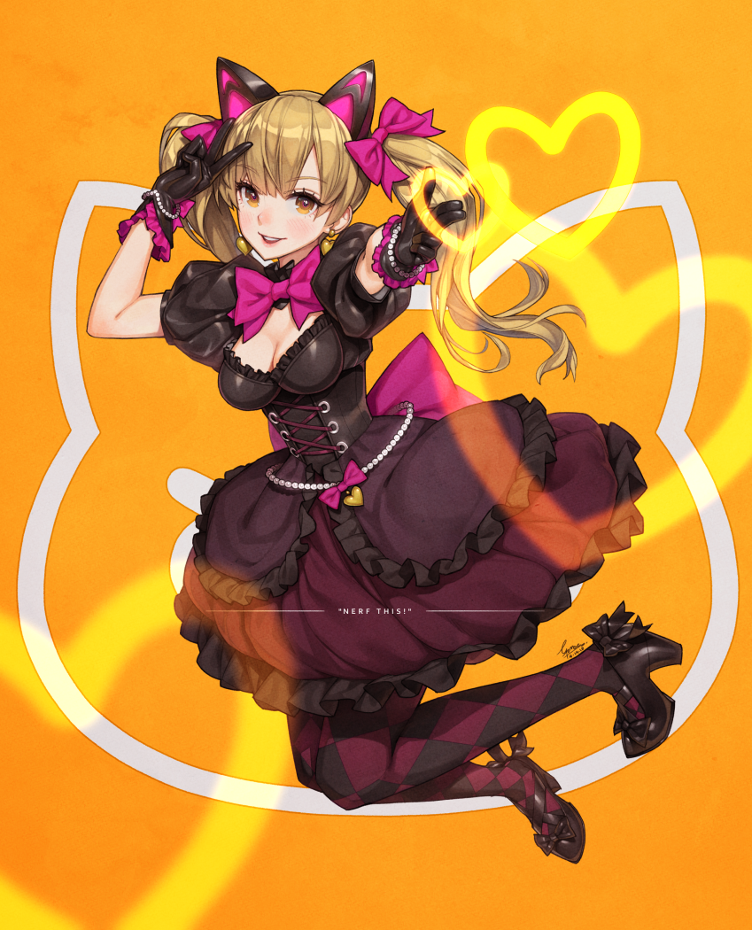 1girl :d animal_ears argyle argyle_legwear arm_up bangs black_dress black_footwear blonde_hair blush bow bowtie bracelet breasts brown_eyes cat_ears cleavage cleavage_cutout corset d.va_(overwatch) dazed dress earrings efmoe english eyebrows_visible_through_hair fake_animal_ears finger_gun frilled_dress frills full_body hair_bow heart heart_earrings high_heels jewelry layered_dress long_hair looking_at_viewer open_mouth orange_background outstretched_arm overwatch pantyhose pearl_bracelet pink_bow pink_neckwear puffy_short_sleeves puffy_sleeves short_sleeves signature smile solo v