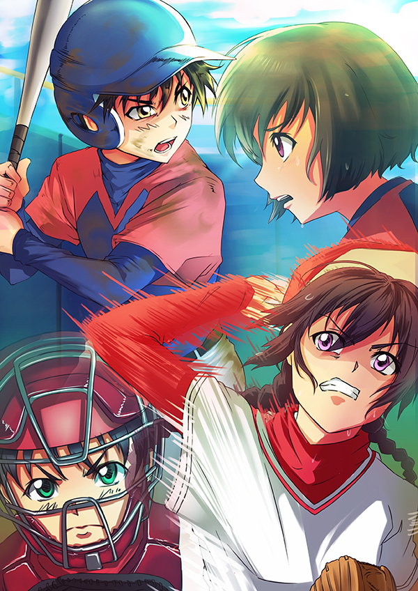 &gt;:o 2boys 2girls baseball_bat baseball_glove baseball_helmet black_hair blue_sky braid brown_eyes brown_hair clenched_teeth dirty_clothes dirty_face face_mask green_eyes helmet honda_gorou kawase_ryouko major mask motion_blur multiple_boys multiple_girls pitching profile satou_toshiya shimizu_kaoru sky teeth twin_braids violet_eyes wa-kun