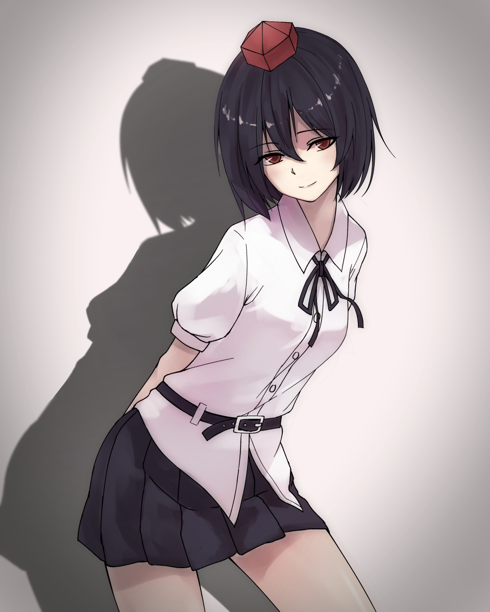 1girl arms_behind_back belt black_hair black_ribbon black_skirt cowboy_shot hair_between_eyes hat highres karasu_hito leaning_forward miniskirt pleated_skirt puffy_short_sleeves puffy_sleeves red_eyes ribbon shameimaru_aya shirt short_sleeves skirt smile solo tokin_hat touhou white_shirt