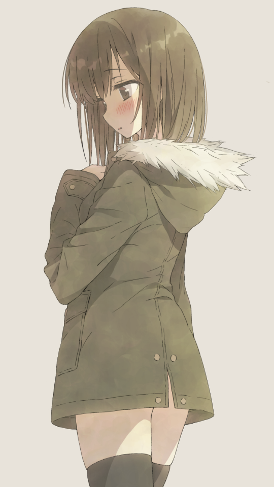 1girl bangs black_legwear blush brown_eyes brown_hair coat cowboy_shot from_behind fur-trimmed_coat fur_trim grey_background hand_on_own_chest hood hood_down hooded_coat long_sleeves no_pants original simple_background solo thigh-highs tsuke_(maholabo) winter_clothes