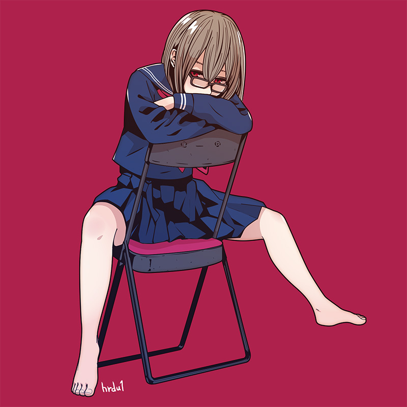 1girl barefoot brown_hair glasses harada_yuuichi head_rest original red_background red_eyes school_uniform serafuku sitting sitting_backwards solo