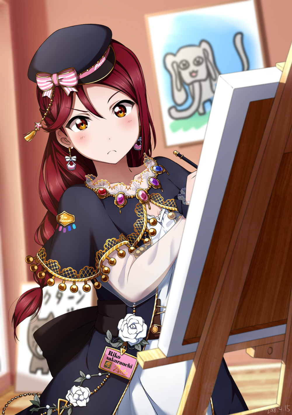 1girl aida_rikako black_hat blurry blurry_background bow braid brooch brown_eyes canvas_(object) cape character_name corset dated earrings easel elephant flower frown gem half_updo hat hat_bow highres jewelry long_hair long_sleeves looking_at_viewer love_live! love_live!_school_idol_festival love_live!_sunshine!! name_tag painting_(object) redhead robe sakurauchi_riko sash seiyuu_connection shiimai solo striped striped_bow tassel