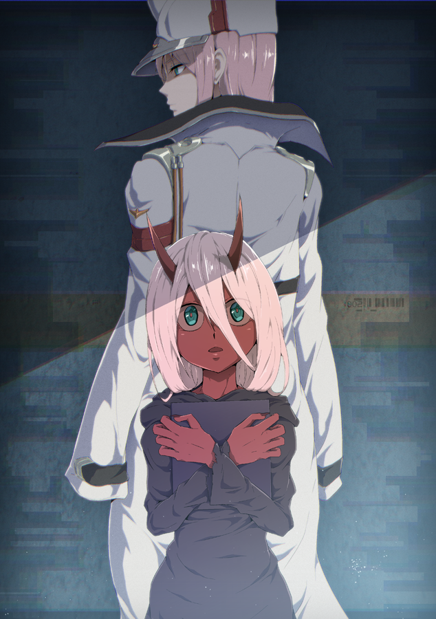 2girls :o aqua_eyes armband back-to-back black_nails breasts cowboy_shot darling_in_the_franxx dual_persona fingernails hair_between_eyes hat height_difference holding large_breasts long_fingernails long_hair long_sleeves looking_at_viewer looking_to_the_side military military_uniform multiple_girls nail_polish nandz object_hug oni oni_horns open_mouth peaked_cap pink_hair profile red_skin robe sanpaku shaded_face sleeves_past_fingers standing tareme time_paradox uniform white_coat white_hat zero_two_(darling_in_the_franxx)