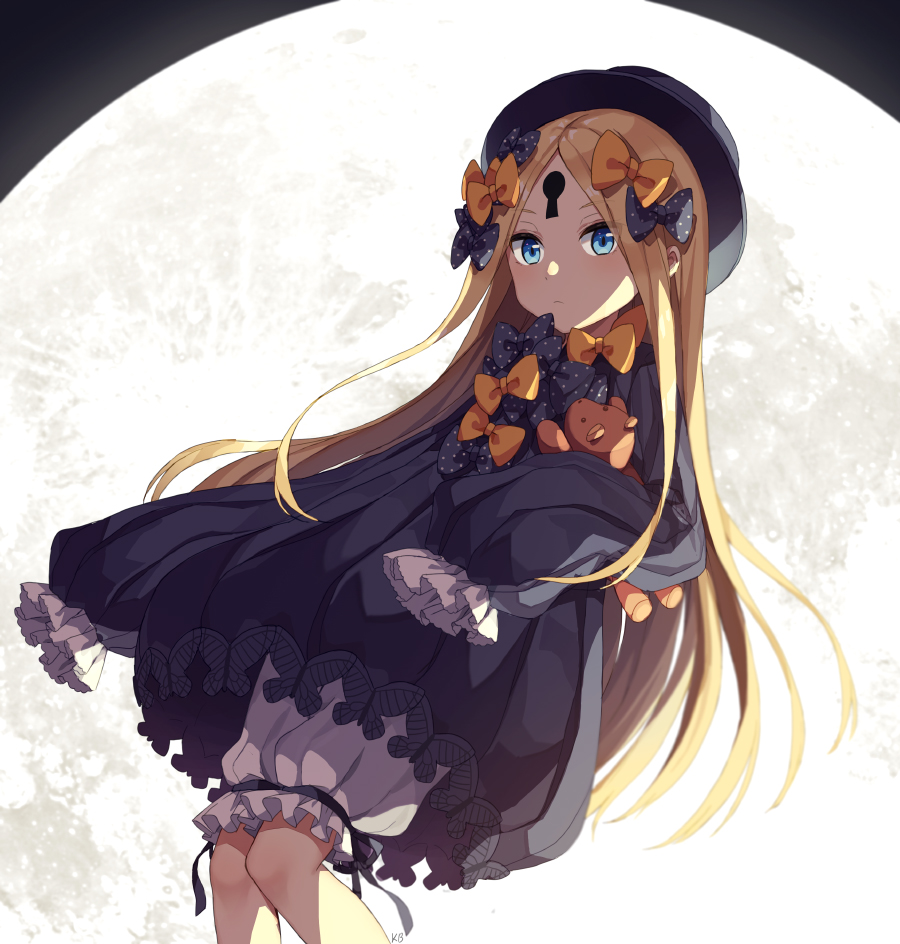 1girl abigail_williams_(fate/grand_order) bangs black_bow black_dress black_hat blonde_hair bloomers blue_eyes bow butterfly closed_mouth commentary_request dress dutch_angle eyebrows_visible_through_hair fate/grand_order fate_(series) full_moon hair_bow hat insect keyhole kim_bae-eo long_hair long_sleeves looking_at_viewer moon object_hug orange_bow parted_bangs polka_dot polka_dot_bow sleeves_past_fingers sleeves_past_wrists solo stuffed_animal stuffed_toy teddy_bear underwear very_long_hair white_bloomers