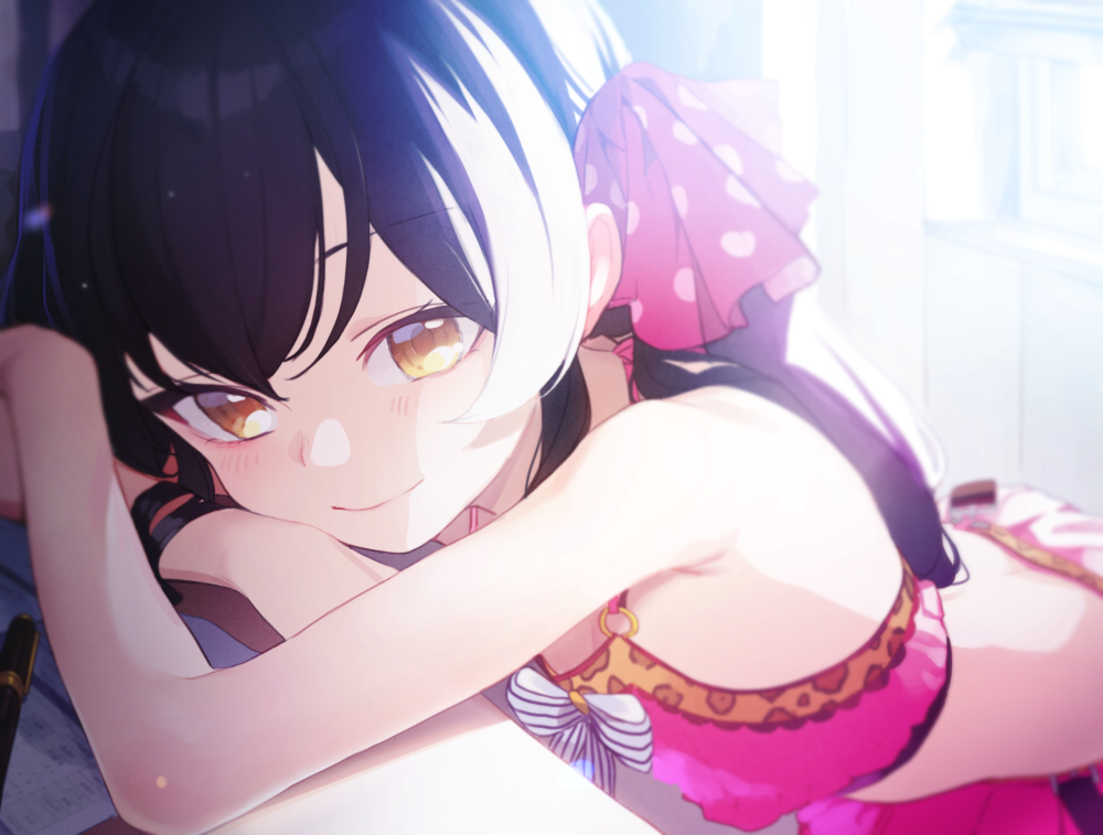 1girl bangs bare_shoulders bent_over black_hair blush chin_rest commentary_request doremi hair_between_eyes hair_ribbon idolmaster idolmaster_cinderella_girls indoors long_hair looking_at_viewer lying matoba_risa o-ring on_stomach pen polka_dot_ribbon ribbon smile solo twintails wristband yellow_eyes