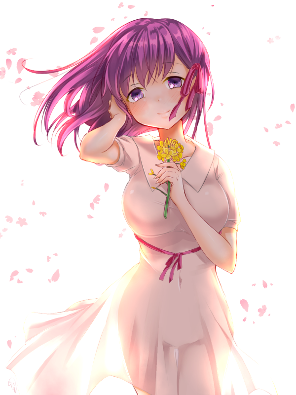 1girl 44happy bangs blush breasts commentary_request cowboy_shot dress eyebrows_visible_through_hair fate/stay_night fate_(series) flower hand_in_hair head_tilt holding holding_flower looking_at_viewer matou_sakura medium_breasts petals purple_hair see-through_silhouette short_sleeves smile solo standing thigh_gap violet_eyes white_background white_dress wind