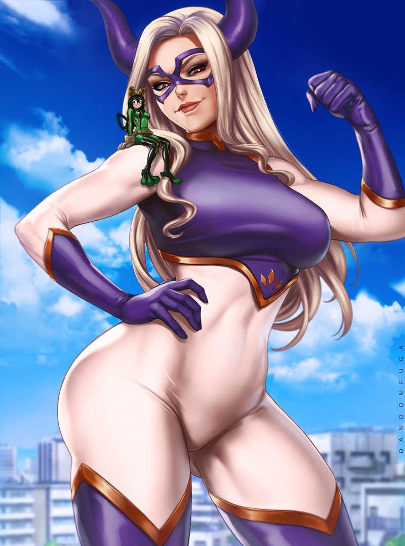 2girls asui_tsuyu blonde_hair blue_sky blurry bodysuit boku_no_hero_academia brown_eyes city covered_navel dandon_fuga depth_of_field domino_mask giantess gloves goggles goggles_on_head green_hair hand_on_hip long_hair mask mount_lady multiple_girls sitting_on_shoulder size_difference sky smile superhero