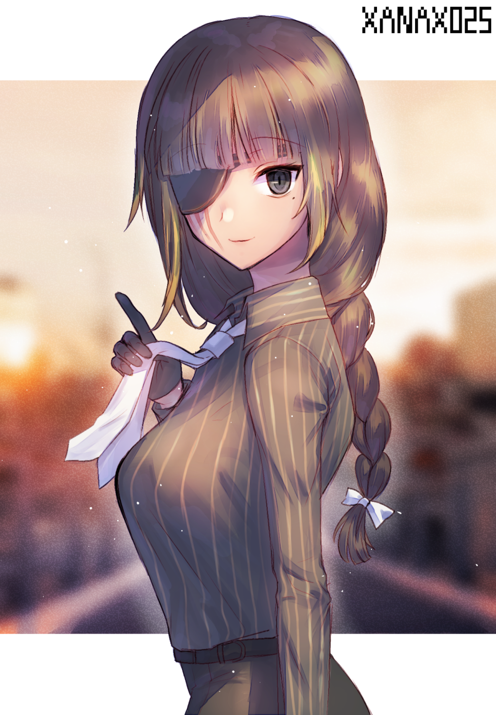 1girl artist_name assault_rifle belt blue_neckwear blurry blurry_background braid breasts brown_hair commentary eyebrows_visible_through_hair girls_frontline gun hair_tie highres holding_neckware long_hair looking_at_viewer m16 m16a1_(girls_frontline) rifle saku_t shirt solo striped striped_shirt vertical-striped_shirt vertical_stripes weapon xanax025