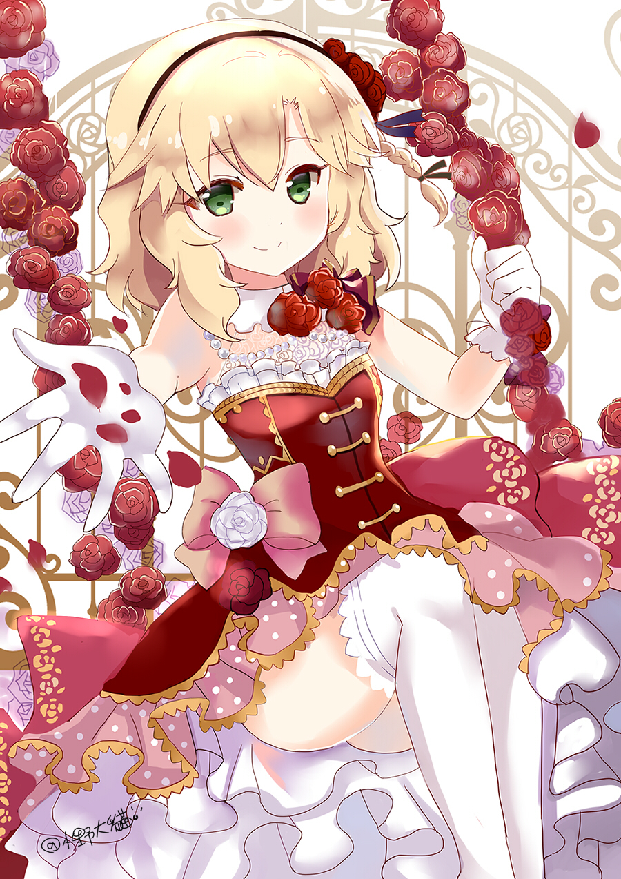 1girl bangs bare_shoulders blonde_hair blush bow closed_mouth commentary_request eyebrows_visible_through_hair flower gloves green_eyes hair_between_eyes highres idolmaster idolmaster_cinderella_girls idolmaster_cinderella_girls_starlight_stage jewelry long_hair lunacats necklace outstretched_arm pearl_necklace petals pink_bow pink_skirt red_flower red_rose red_shirt rose rose_petals sakurai_momoka shirt sitting skirt smile solo thigh-highs twitter_username white_flower white_gloves white_legwear white_rose