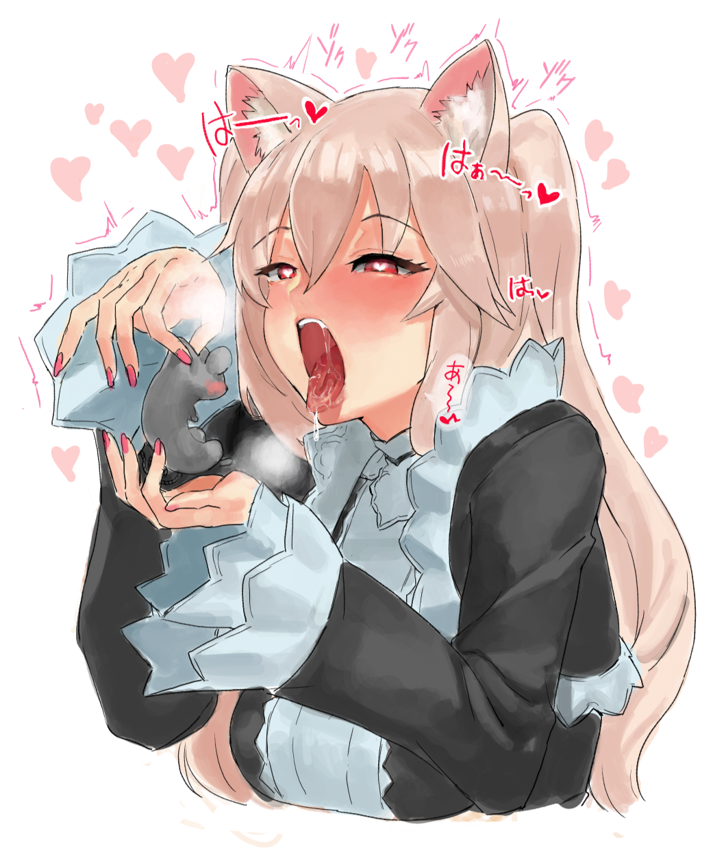 /\/\/\ 1girl animal_ears black_dress blonde_hair blush cat_ears dress fingernails heart heart-shaped_pupils highres holding long_sleeves mouse nail_polish nora_cat nora_cat_channel open_mouth pink_nails red_eyes saliva solo suisogenshi symbol-shaped_pupils tongue tongue_out two_side_up virtual_youtuber