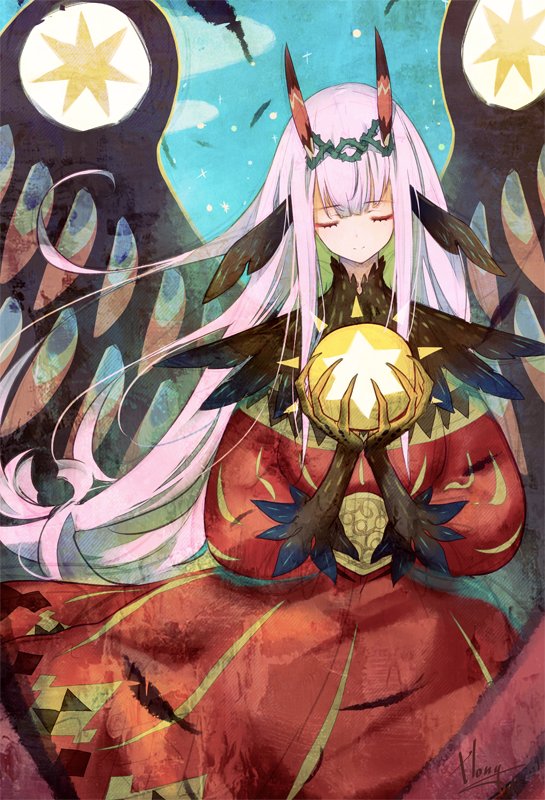 1girl animal_ears claws closed_eyes closed_mouth commentary_request darling_in_the_franxx dress eyebrows_visible_through_hair eyeshadow holding hong_(white_spider) horns long_hair long_sleeves makeup monsterification pink_hair red_dress signature smile solo thorns very_long_hair wings zero_two_(darling_in_the_franxx)