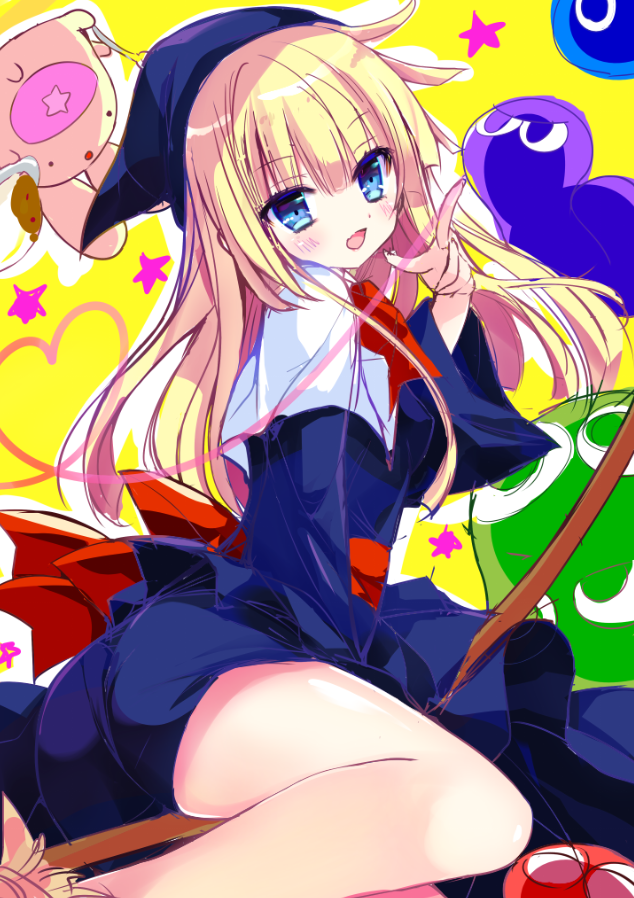 :d bangs blonde_hair blue_dress blue_eyes blue_hat blush broom broom_riding commentary_request dress eyebrows_visible_through_hair fang fingernails hair_between_eyes hat head_tilt long_hair long_sleeves looking_at_viewer looking_to_the_side madou_monogatari open_mouth puyopuyo shiwasu_horio sketch smile wide_sleeves witch_(puyopuyo) yellow_background