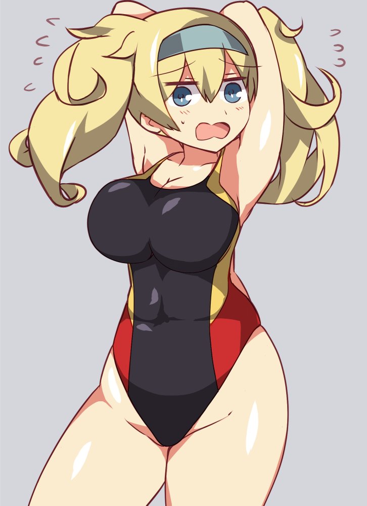 1girl arms_behind_back arms_behind_head blonde_hair blue_eyes breasts competition_swimsuit flying_sweatdrops gambier_bay_(kantai_collection) grey_background hairband kantai_collection large_breasts long_hair one-piece_swimsuit open_mouth simple_background solo swimsuit thick_thighs thighs twintails wahiko_(black_bastard)