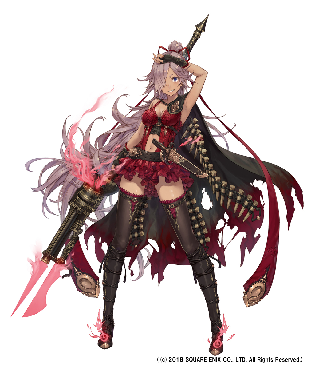 1girl 2018 arm_up armpits black_belt black_cape black_footwear black_gloves boots breasts buckle cape cinderella_(sinoalice) cleavage collarbone commentary_request company_name curly_hair dark_skin dress fingerless_gloves floating_hair full_body gabiran gloves glowing grin hair_over_one_eye hair_ribbon high_heel_boots high_heels high_ponytail highres holding holding_weapon holster legs_apart long_hair looking_at_viewer medium_breasts microdress navel navel_cutout official_art ponytail purple_hair red_dress red_ribbon ribbon sheath sheathed shiny shiny_hair shiny_skin short_eyebrows simple_background sinoalice sleeveless sleeveless_dress smile solo stake standing sword thigh-highs thigh_boots thigh_holster thigh_strap torn_cape underbust very_long_hair violet_eyes weapon white_background