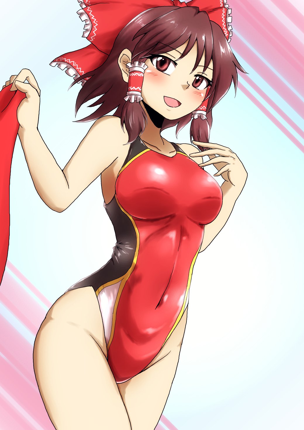 1girl bow brown_eyes commentary_request competition_swimsuit covered_navel d-m_(dii_emu) hair_bow hair_tubes hakurei_reimu highres looking_at_viewer one-piece_swimsuit open_mouth red_eyes red_swimsuit red_towel short_hair smile solo swimsuit touhou towel