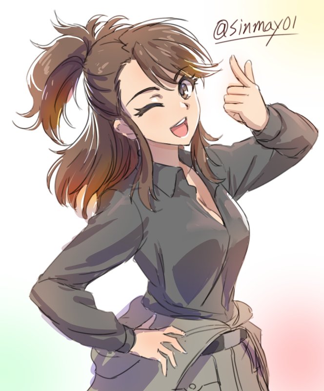 1girl ;d amaretto_(girls_und_panzer) anzio_military_uniform asymmetrical_bangs bangs black_belt black_shirt breasts brown_eyes brown_hair cleavage commentary dress_shirt eyebrows_visible_through_hair girls_und_panzer grey_jacket hand_on_hip head_tilt jacket jacket_pull long_hair long_sleeves looking_at_viewer medium_breasts military military_uniform one_eye_closed open_mouth pointing pointing_at_viewer shinmai_(kyata) shirt smile solo standing twitter_username uniform upper_body white_background wing_collar