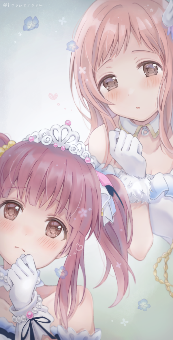 2girls artist_request bangs blush brown_eyes clenched_hand dress flower gloves hair_ornament heart idolmaster idolmaster_cinderella_girls idolmaster_shiny_colors jewelry light_brown_hair looking_at_viewer multiple_girls necklace ogata_chieri pearl pearl_necklace redhead sakuragi_mano short_hair shy simple_background tiara twintails white_dress white_gloves winged_hair_ornament wrist_cuffs