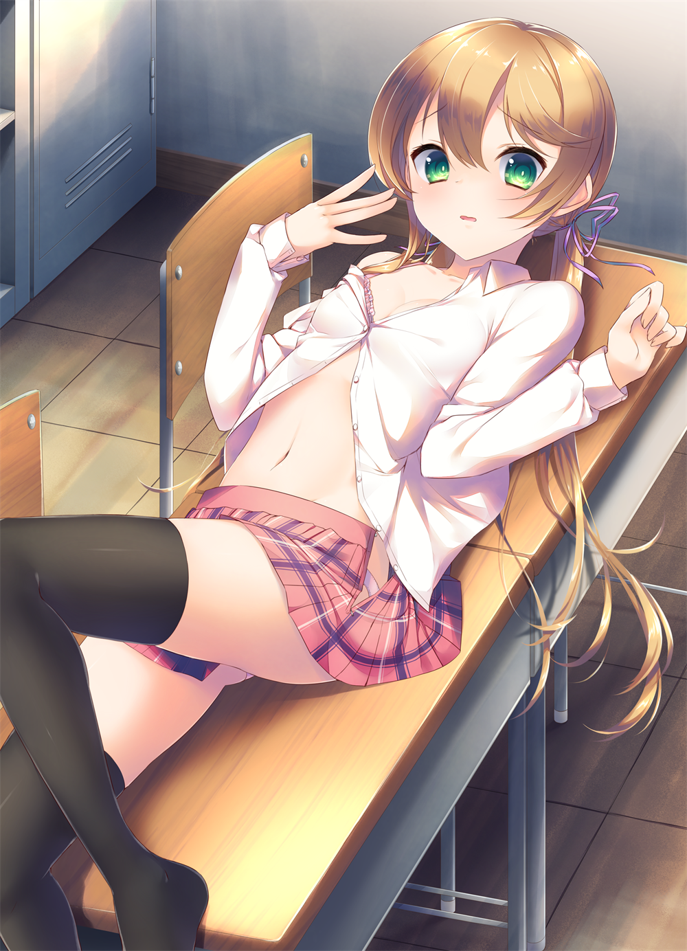 1girl bangs bare_shoulders black_legwear blush bra breasts chair collarbone collared_shirt commentary_request desk eyebrows_visible_through_hair from_above green_eyes hair_between_eyes hair_ribbon hands_up highres indoors light_brown_hair locker long_hair long_sleeves low_twintails lying navel off_shoulder on_back on_desk open_clothes open_skirt original panties parted_lips partially_unbuttoned pink_bra pink_panties plaid plaid_skirt pleated_skirt purple_ribbon red_skirt ribbon school_chair school_desk school_uniform shirt sidelocks skirt small_breasts solo thigh-highs twintails underwear very_long_hair wakuta_chisaki white_shirt