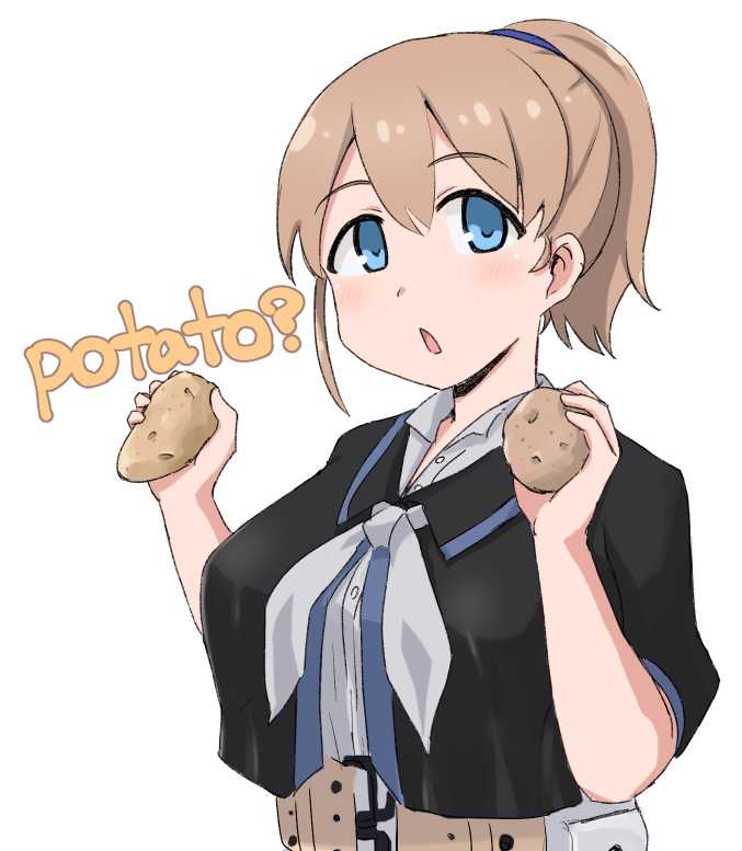 1girl black_shirt blue_eyes brown_hair chestnut_mouth commentary_request intrepid_(kantai_collection) junes kantai_collection looking_at_viewer neckerchief official_style open_mouth ponytail potato revision shibafu_(glock23)_(style) shirt short_hair simple_background solo transparent_background upper_body white_background white_neckwear