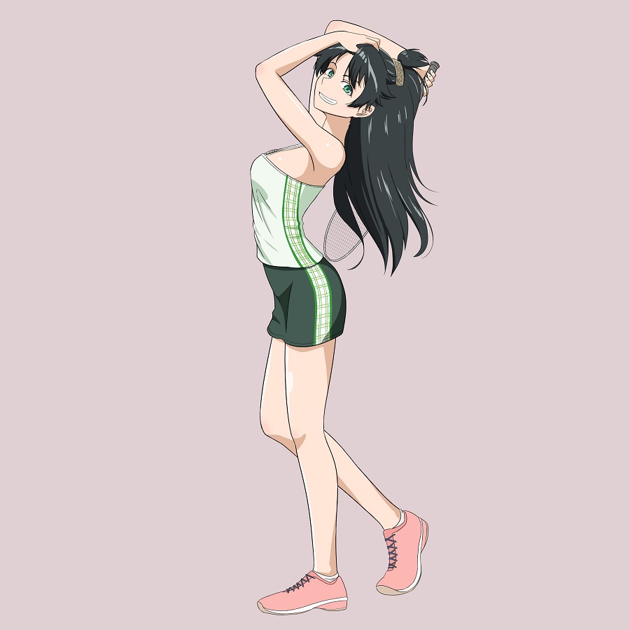 1girl adjusting_hair arched_back badminton_racket bare_shoulders black_hair breasts camisole character_request from_side full_body green_eyes grin hair_ornament hairclip hand_on_own_head hanebado! head_back kito_3_tyoki-tyoki long_hair looking_at_viewer medium_breasts miniskirt pink_footwear racket simple_background skirt smile solo standing