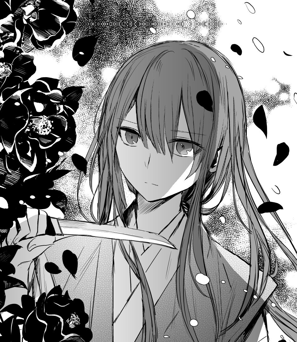 1boy commentary_request dagger eyebrows_visible_through_hair fate/grand_order fate_(series) flower greyscale hair_between_eyes holding holding_knife holding_weapon japanese_clothes knife long_hair male_focus monochrome oda_nobukatsu_(fate/grand_order) petals rioka_(southern_blue_sky) rose_petals solo tantou upper_body weapon