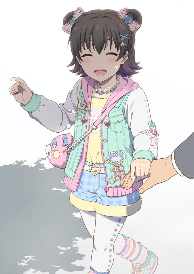 1boy 1girl akagi_miria animal_bag bag belt belt_buckle black_hair blush bow buckle closed_eyes commentary_request double_bun drawstring fur_trim hair_bow hair_ornament hairclip hand_holding heart heart_belt idolmaster idolmaster_cinderella_girls idolmaster_cinderella_girls_starlight_stage jacket jewelry loose_socks mattaku_mousuke necklace open_clothes open_jacket open_mouth out_of_frame pantyhose pantyhose_under_shorts pointing producer_(idolmaster) shoes short_hair shorts shoulder_bag simple_background smile sneakers solo star star_hair_ornament star_print striped striped_legwear tree_shade white_legwear