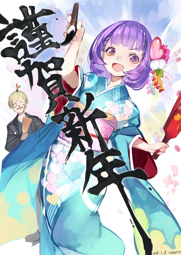 1boy 1girl :d ario bangs blonde_hair blue_kimono blush bright_pupils character_request copyright_request eyebrows eyebrows_visible_through_hair eyelashes facepaint hagoita hair_ornament hanetsuki heart heart_hair_ornament heart_print holding japanese_clothes kimono long_sleeves looking_at_viewer new_year obi open_mouth orange_eyes paddle pom_pom_(clothes) sash short_hair smile tongue v-shaped_eyebrows white_pupils wide_sleeves