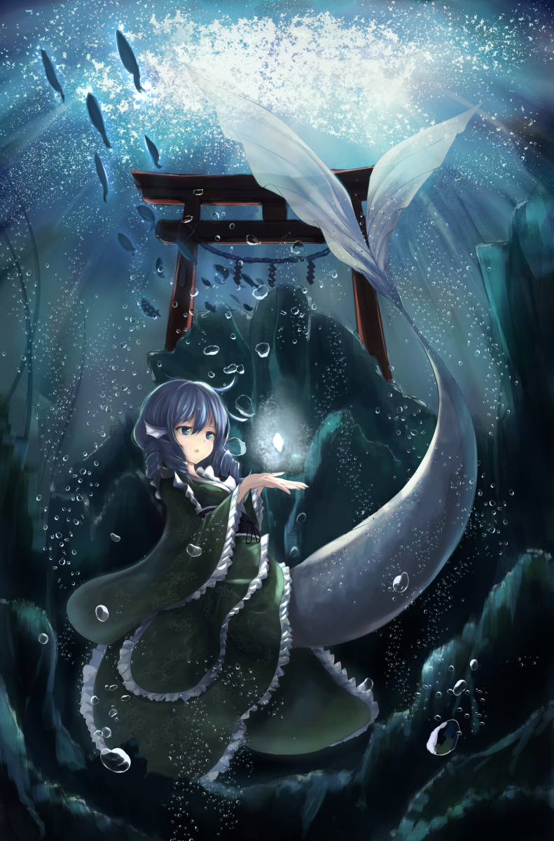 1girl ahoge air_bubble blue_eyes blue_hair bubble drill_hair fish glowing green_kimono hair_between_eyes head_fins highres japanese_clothes kimono looking_to_the_side mermaid monster_girl obi open_hands rock rope sash school_of_fish shide shimenawa short_hair solo torii touhou triangle_mouth underwater wakasagihime yukitourou