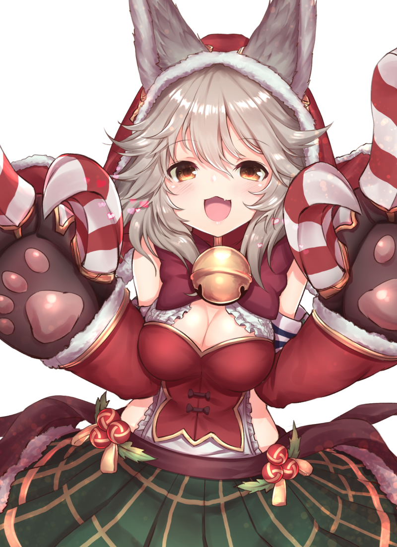 1girl :3 :d animal_ears bangs bell blush bow breasts brown_eyes claw_(weapon) claws cleavage detached_sleeves ears_through_headwear erune eyebrows_visible_through_hair fang frills fur_trim gloves granblue_fantasy green_skirt hair_between_eyes heart hood hood_up jingle_bell long_sleeves looking_at_viewer medium_breasts open_mouth paw_gloves paws plaid pleated_skirt red_bow sen_(granblue_fantasy) shirt short_hair silver_hair simple_background skirt smile solo topia weapon white_background