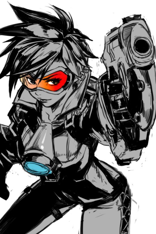 1girl aiming_at_viewer closed_mouth commentary_request cowboy_shot ear_piercing earrings goggles greyscale gun handgun hankuri high_collar holding holding_gun holding_weapon jacket jewelry long_sleeves looking_at_viewer monochrome overwatch piercing pistol short_hair simple_background smile solo spot_color standing tracer_(overwatch) weapon white_background
