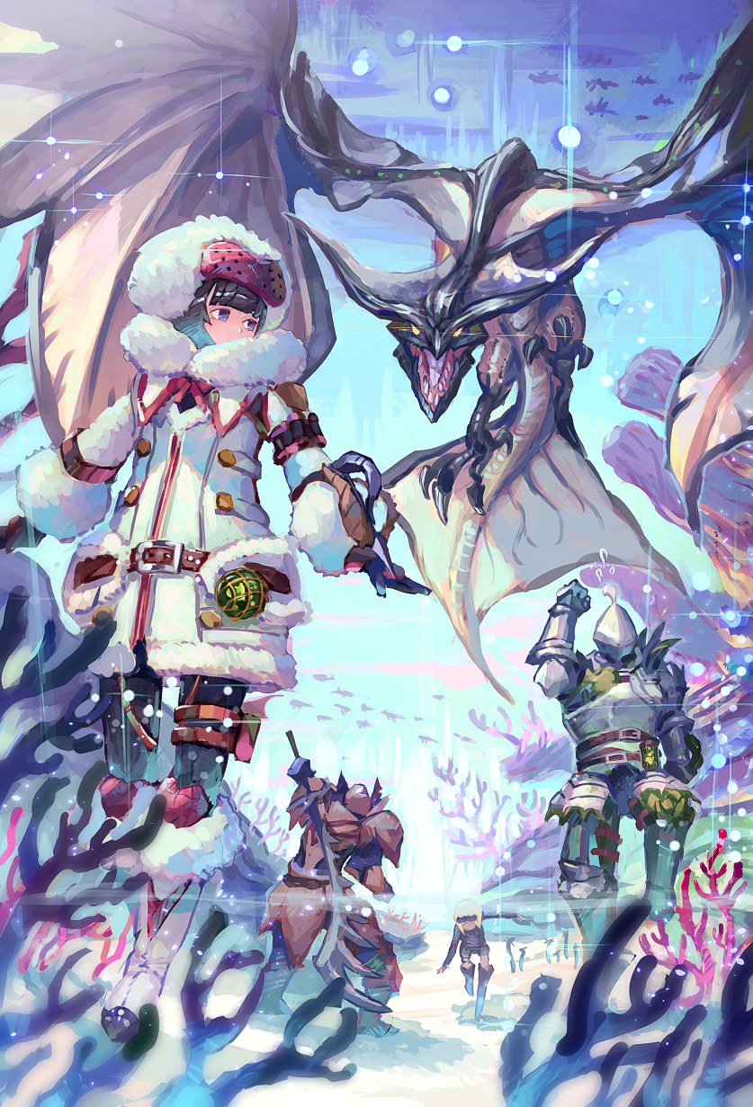 armor belt black_hair blue_eyes boots breastplate claws coat coral coral_reef day dragon flying flying_sweatdrops full_armor full_body fur_collar fur_trim gauntlets hat helmet highres insect_cage legiana long_sleeves long_sword looking_at_another looking_back monster_hunter monster_hunter:_world outdoors outstretched_arms pants paolumu_(armor) pauldrons rathian_(armor) running shiimo sword walking weapon weapon_on_back wyvern