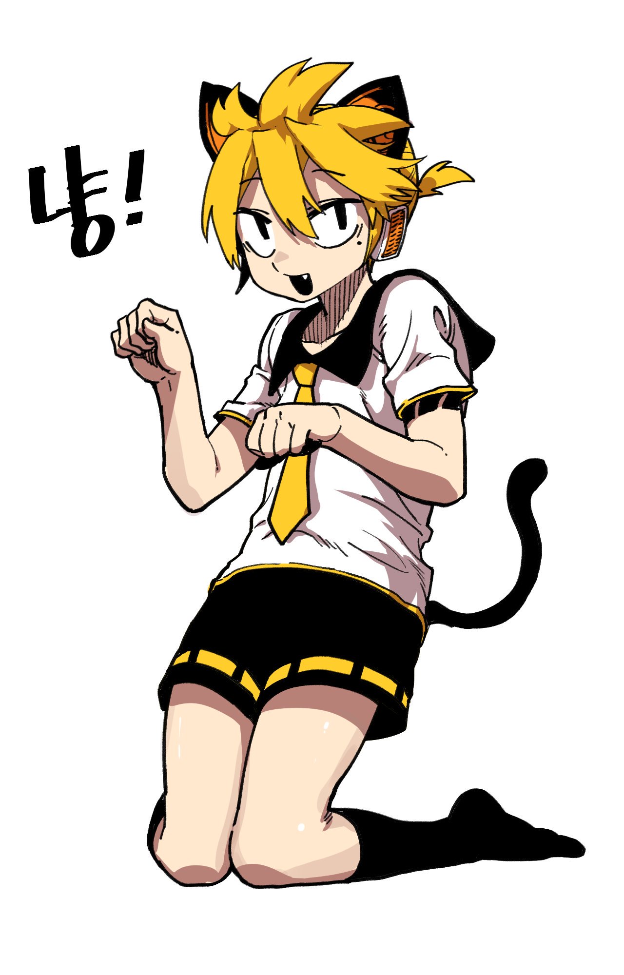 1boy animal_ears black_eyes black_hair blonde_hair cat_ears cat_tail cosplay fang headphones highres jeong_surim kagamine_len kagamine_len_(cosplay) male_focus mole mole_under_eye multicolored_hair necktie parkgee paw_pose suicide_boy tail two-tone_hair vocaloid