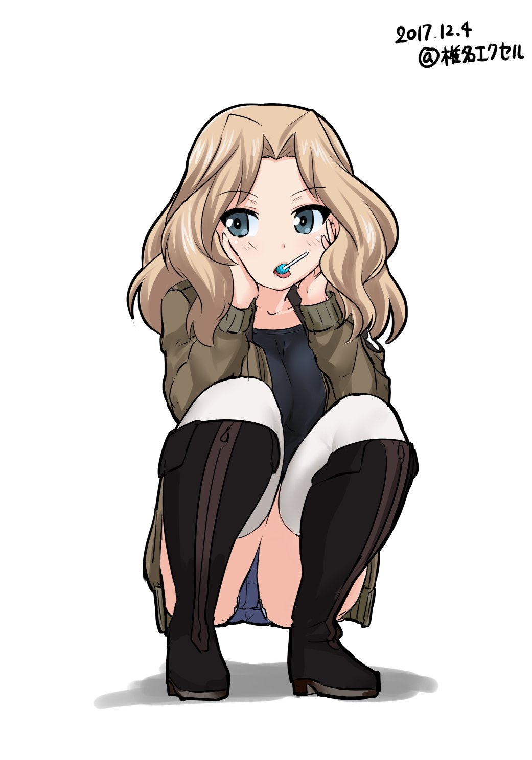 1girl black_footwear black_shirt blonde_hair blue_eyes blue_shorts boots brown_jacket candy chin_rest commentary_request cutoffs dated denim denim_shorts excel_(shena) eyebrows_visible_through_hair food food_in_mouth full_body girls_und_panzer hair_intakes highres jacket kay_(girls_und_panzer) lollipop long_hair long_sleeves looking_back military military_uniform mouth_hold open_clothes open_jacket open_mouth saunders_military_uniform shadow shirt short_shorts shorts simple_background solo squatting thigh-highs thighs twitter_username uniform white_background white_legwear zipper