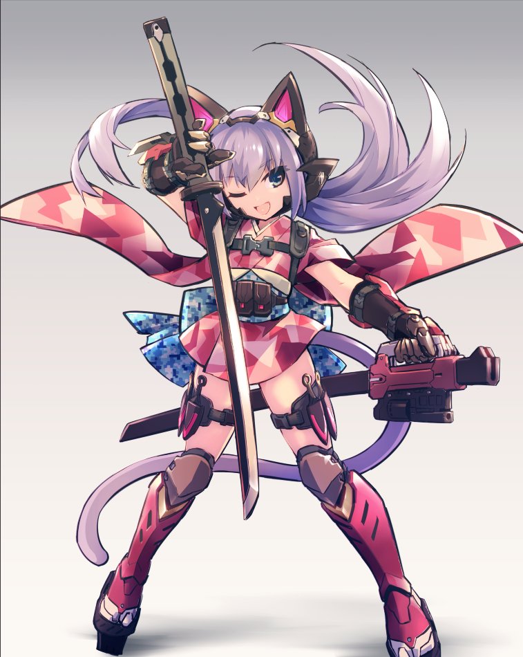 &gt;:d 1girl animal_ears armored_boots blue_eyes boots cat_ears cat_tail chingisu fake_animal_ears full_body gauntlets gradient gradient_background grey_background japanese_clothes katana kunai long_hair mechanical_ears one_eye_closed original purple_hair sheath solo standing sword tail twintails weapon wide_sleeves
