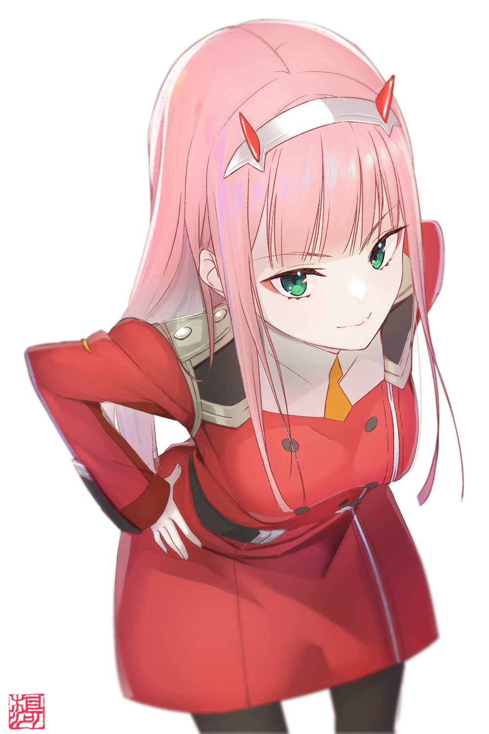 1girl bangs black_legwear breasts darling_in_the_franxx dress eyebrows_visible_through_hair eyeliner from_above goemon1110 green_eyes hairband hands_on_hips highres horns long_hair long_sleeves looking_at_viewer makeup pantyhose pink_hair red_dress simple_background small_breasts smile solo standing white_background white_hairband zero_two_(darling_in_the_franxx)