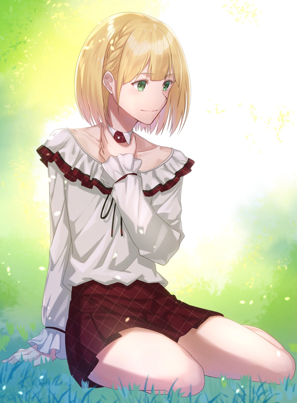 1boy barefoot blonde_hair braid closed_mouth collar commentary detached_collar green_eyes hand_on_own_neck highres lip-mil long_sleeves looking_to_the_side miniskirt nijisanji on_grass on_ground outdoors pleated_skirt puffy_sleeves shirt short_hair skirt smile suzuya_aki thighs trap virtual_youtuber white_shirt