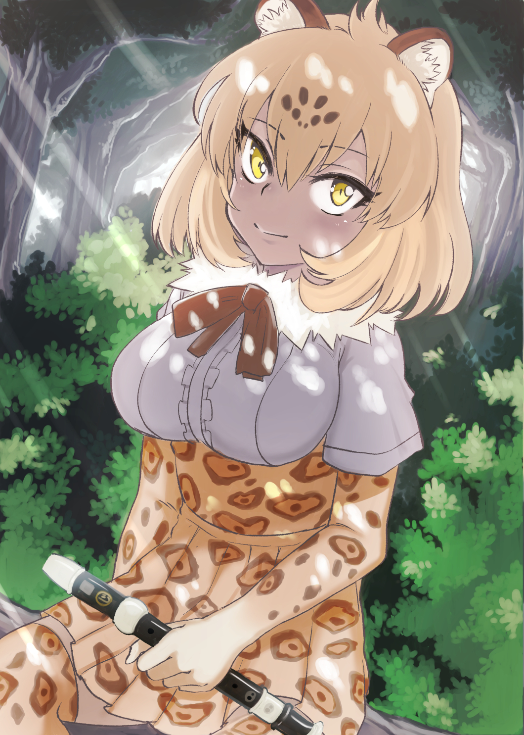 1girl animal_ears bangs black_bow blonde_hair blush bow breasts closed_mouth commentary_request dappled_sunlight day dutch_angle elbow_gloves fur_collar gloves high-waist_skirt highres holding holding_instrument instrument jaguar_(kemono_friends) jaguar_ears jaguar_print jaguar_tail kemono_friends large_breasts looking_at_viewer outdoors print_gloves print_legwear print_skirt recorder saku_(saku1151) shirt short_hair short_sleeves sitting skirt smile solo sunlight tail tree white_legwear white_shirt yellow_eyes yellow_gloves yellow_legwear yellow_skirt