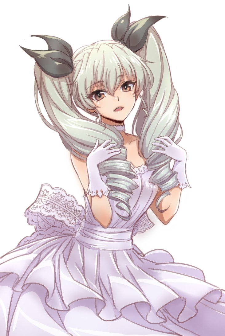 1girl anchovy bangs black_ribbon bow choker commentary_request cowboy_shot dress drill_hair eyebrows_visible_through_hair formal girls_und_panzer gloves green_hair hair_ribbon hand_in_hair lace-trimmed_choker large_bow long_dress long_hair looking_at_viewer open_mouth red_eyes ribbon shinmai_(kyata) simple_background smile solo standing twin_drills twintails white_background white_choker white_dress white_gloves